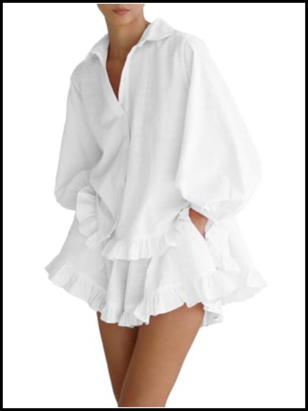 Womens Ruffle 2 Piece Pajama Set Button Down Striped Sleepwear